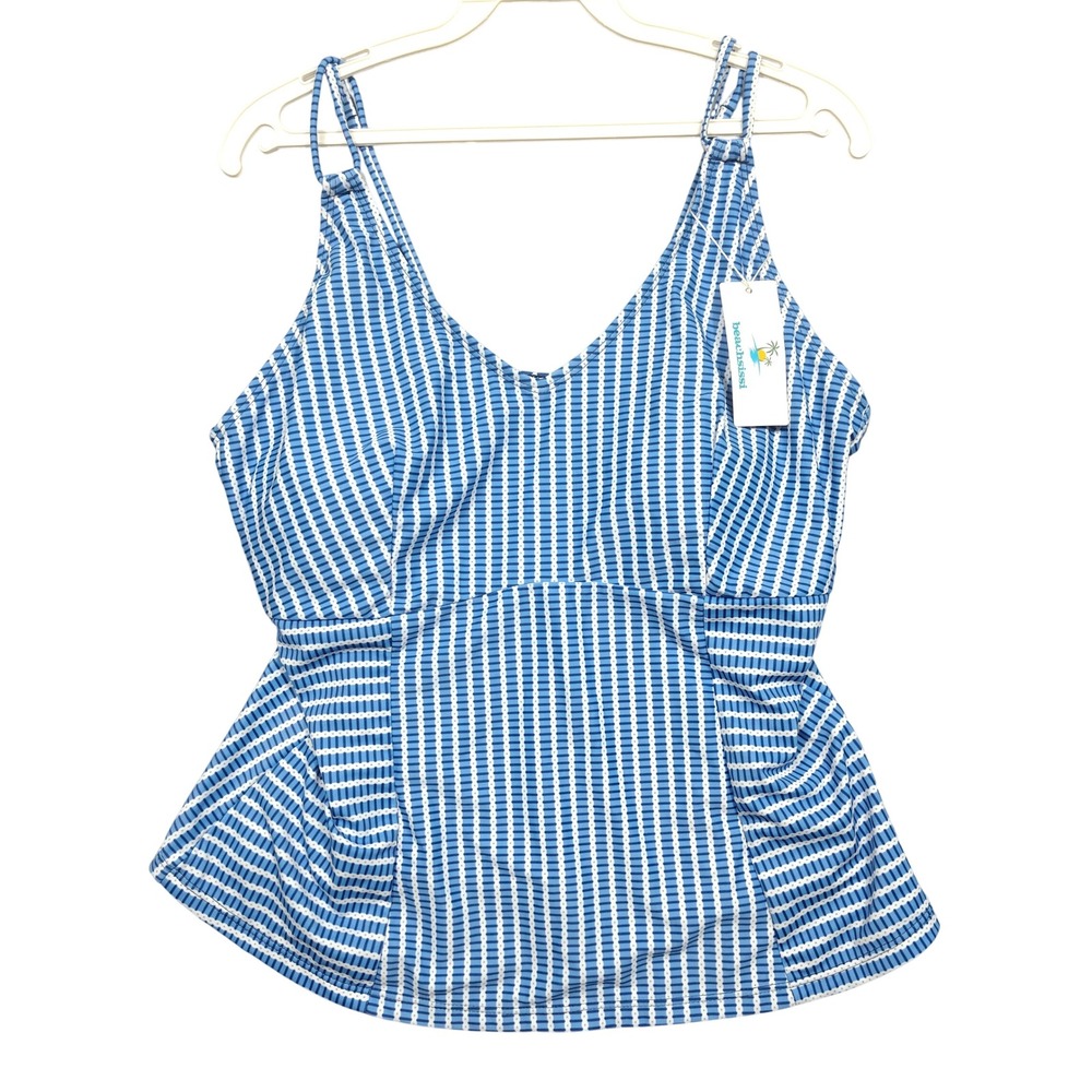 Beachsissi Tankini Top Womens XL Adjustable Straps Blue White Striped Swimwear
